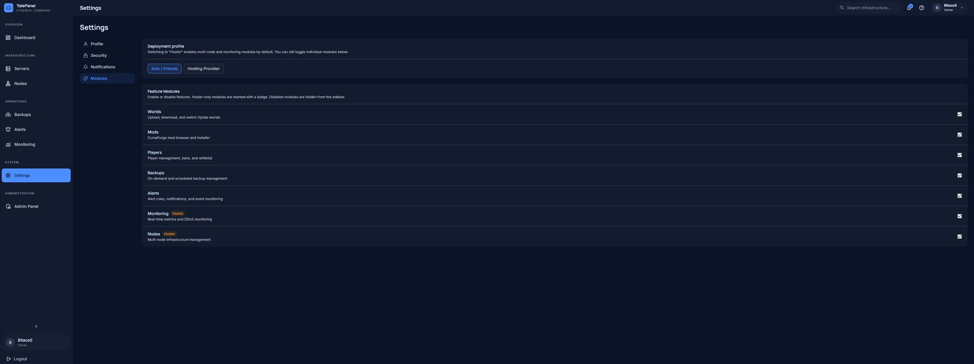 Settings: deployment profile solo or hosting provider, with individual feature modules that can be switched off