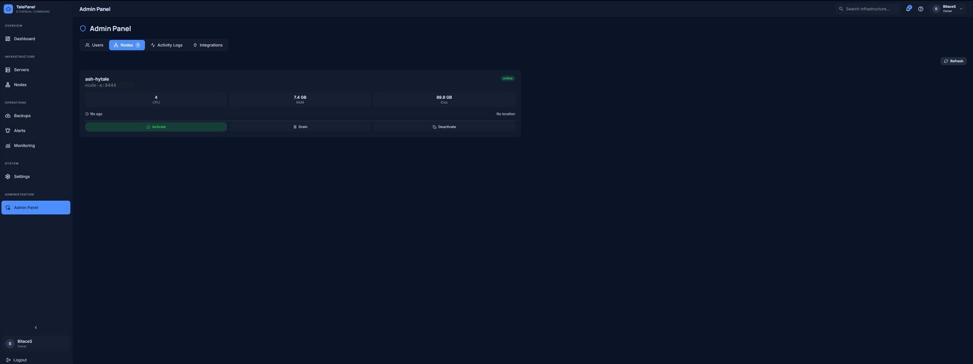 Admin panel node list: an enrolled node reporting CPU, RAM and disk, with activate, drain and deactivate controls